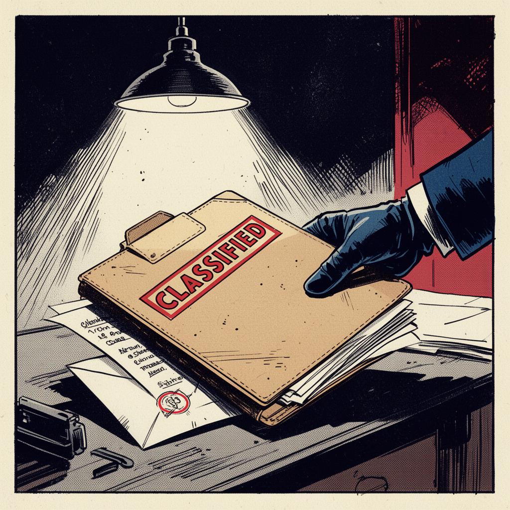 Comic panel of a classified dossier being slid across a desk