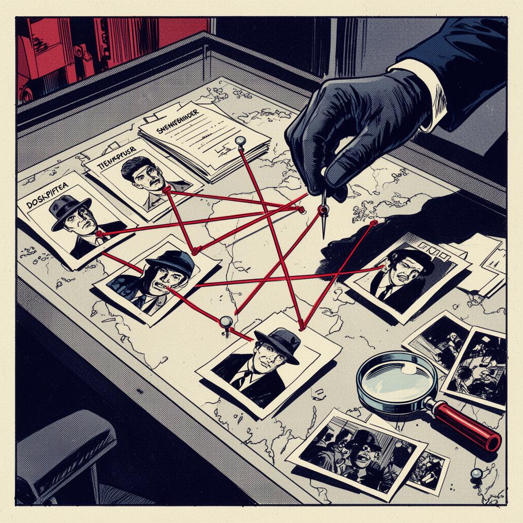 Comic panel of a war-room map with red string between dossier photos