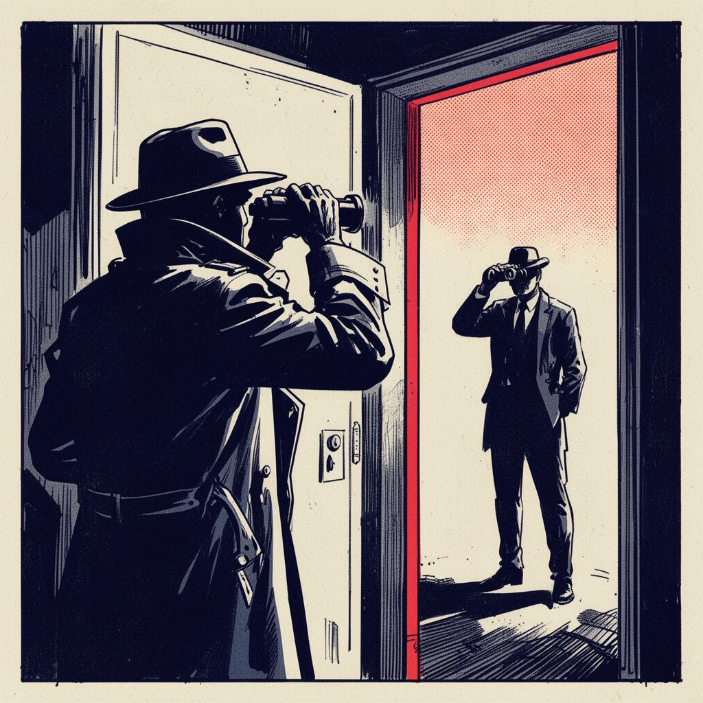 Comic panel of a trench-coated agent watching a rival through binoculars